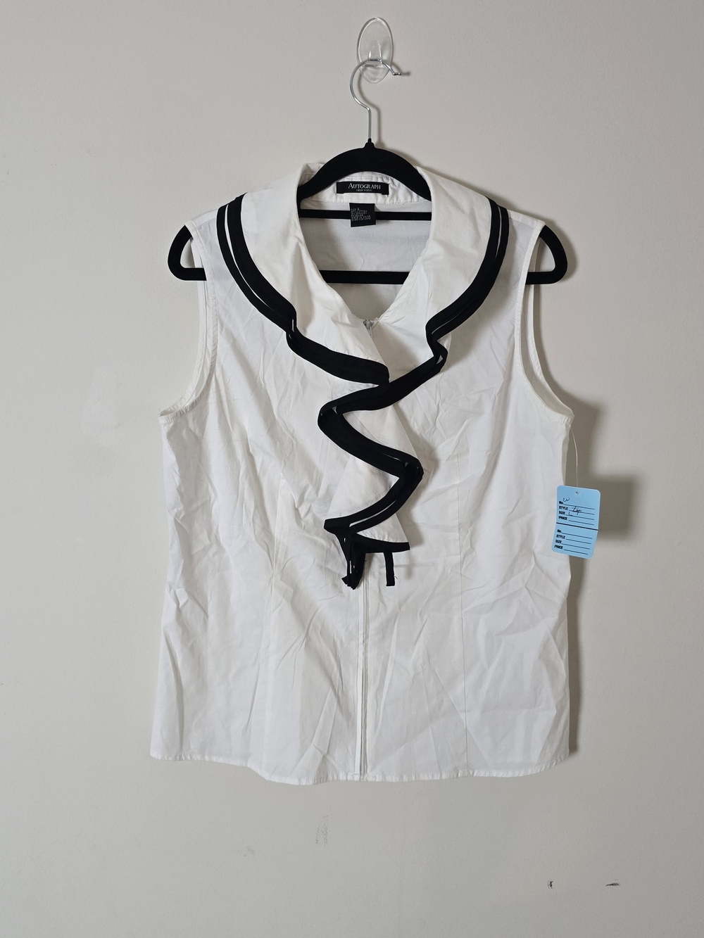 Autograph New York Cotton White/Black Collared Ruffle Zip Woven Blouse L (NWT)